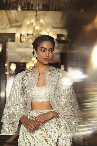 Ivory Sequin Georgette Embroidered Saree Set