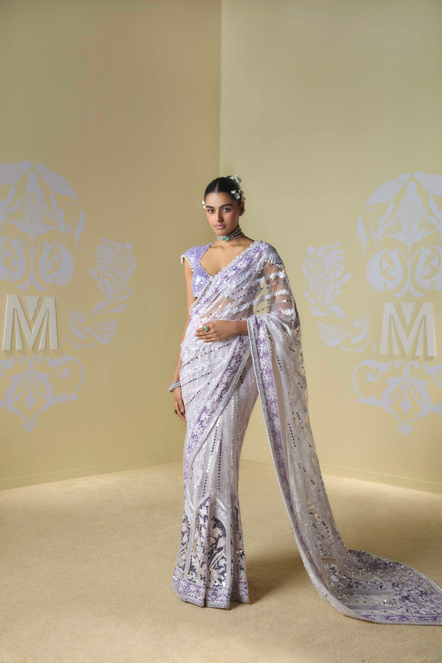 Ivory and Lavender Kashmiri Saree Set