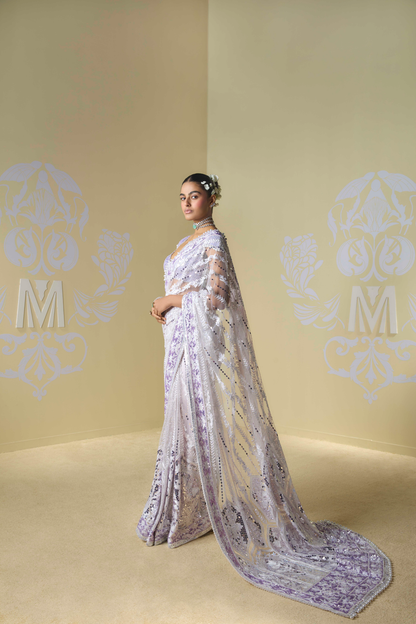Ivory and Lavender Kashmiri Saree Set