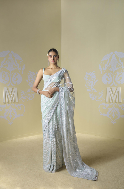 Mint Green Kashmiri Embroidered Saree Set