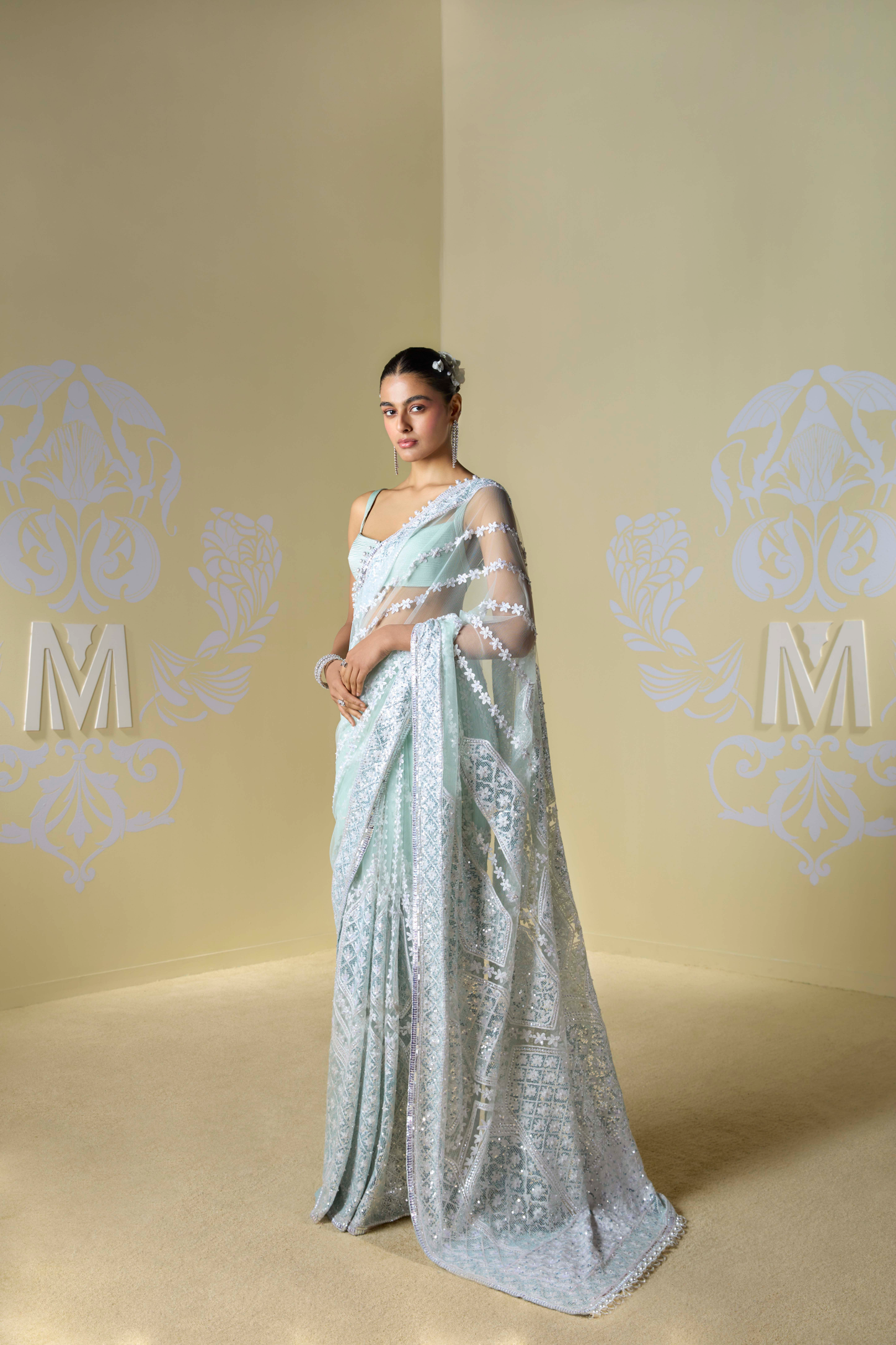 Mint Green Kashmiri Embroidered Saree Set