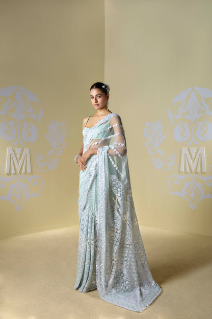 Mint Green Kashmiri Embroidered Saree Set
