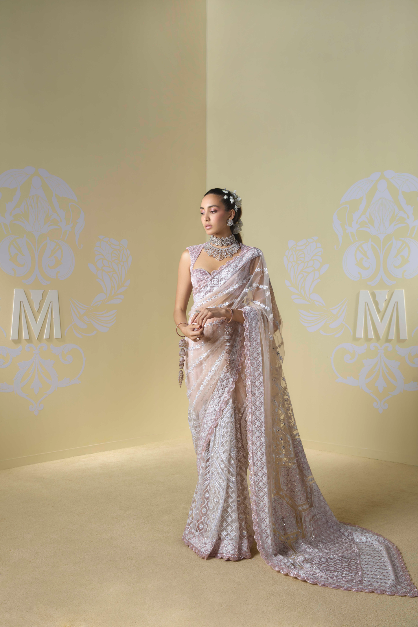 Soft Blush and Ivory Kashmiri Saree Set