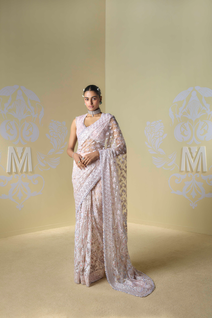 Peach Net Kashmiri Saree Set