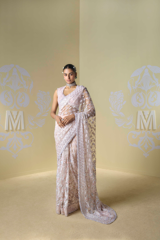 Peach Net Kashmiri Saree Set