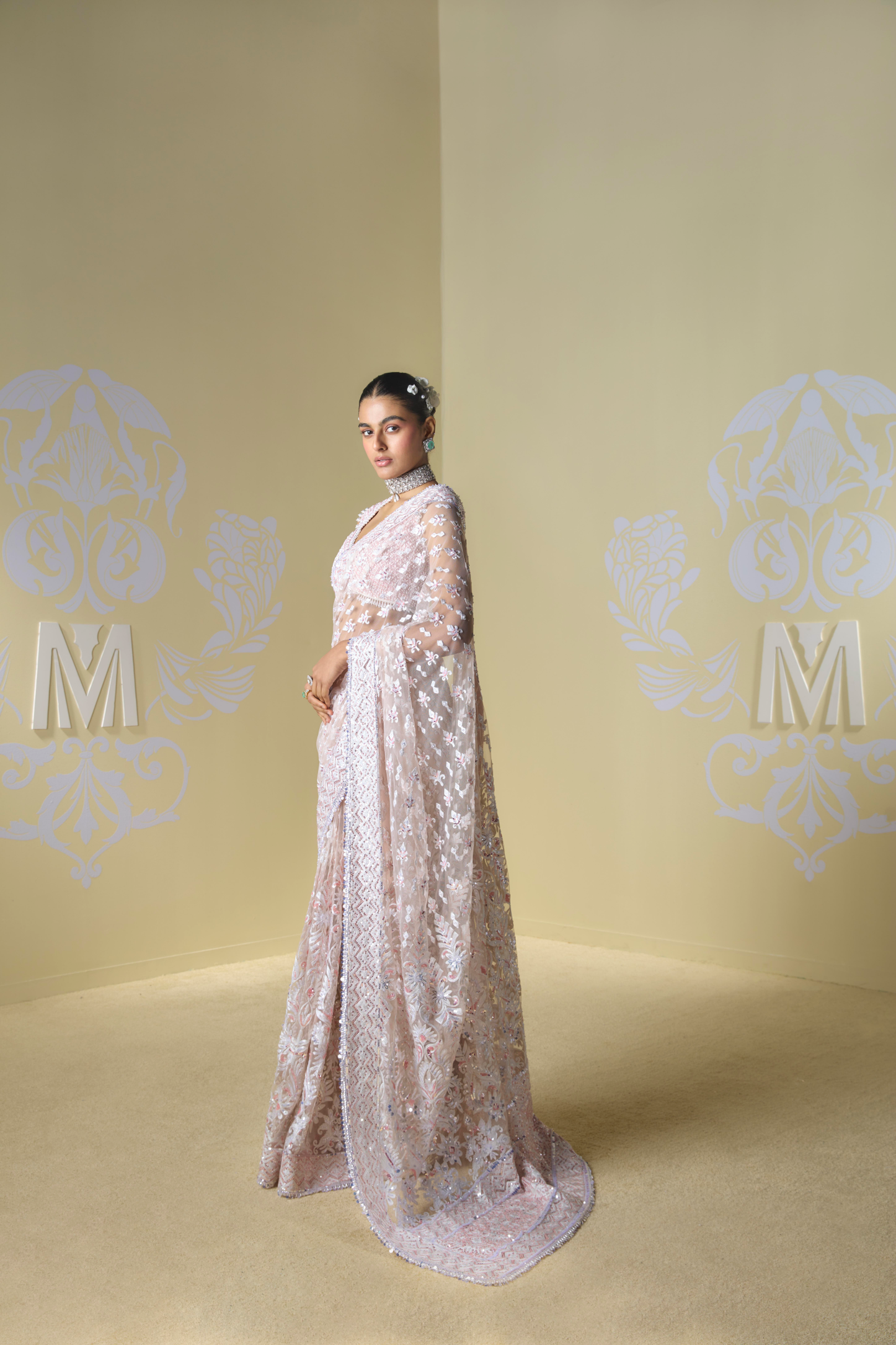 Peach Net Kashmiri Saree Set