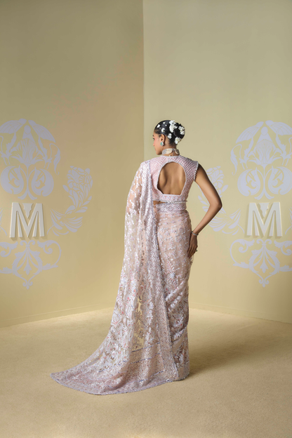 Peach Net Kashmiri Saree Set