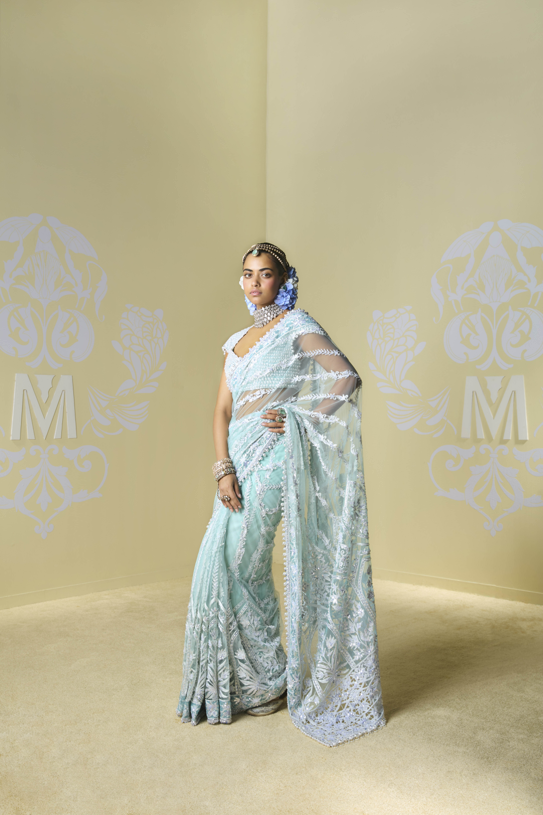 Aqua Blue Tulle Kashmiri Saree Set
