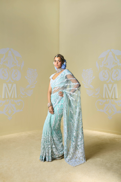 Aqua Blue Tulle Kashmiri Saree Set