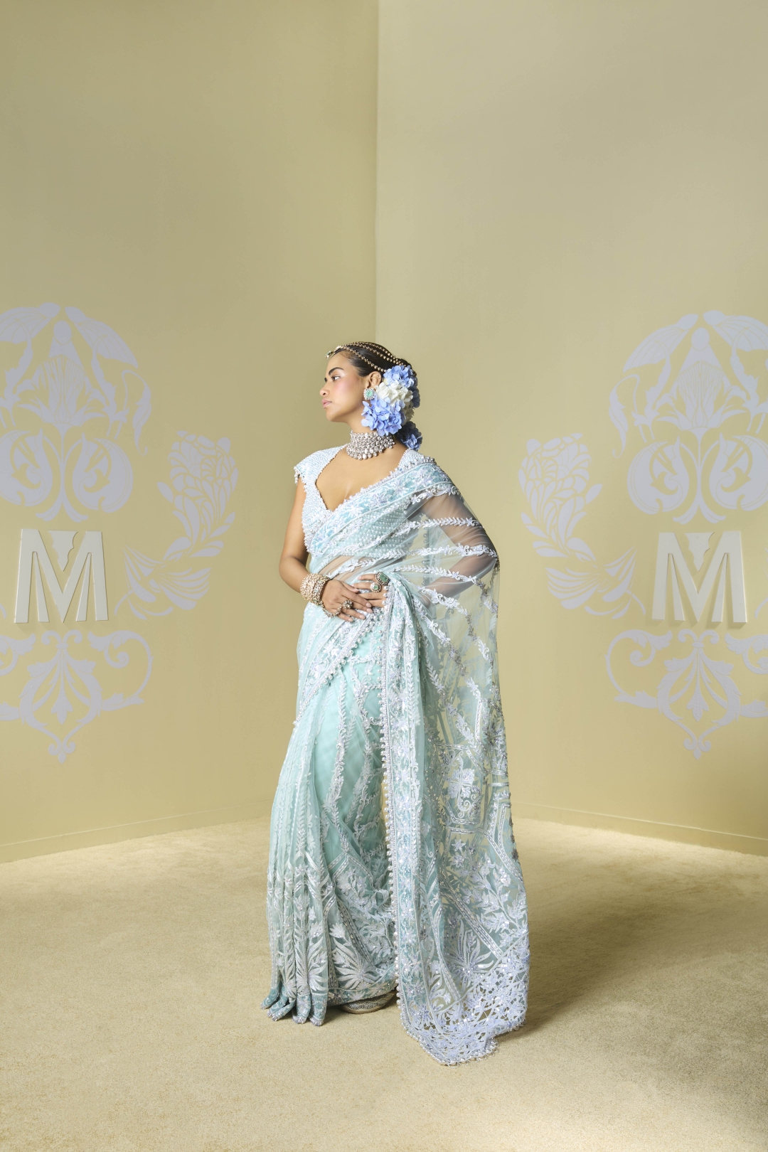 Aqua Blue Tulle Kashmiri Saree Set
