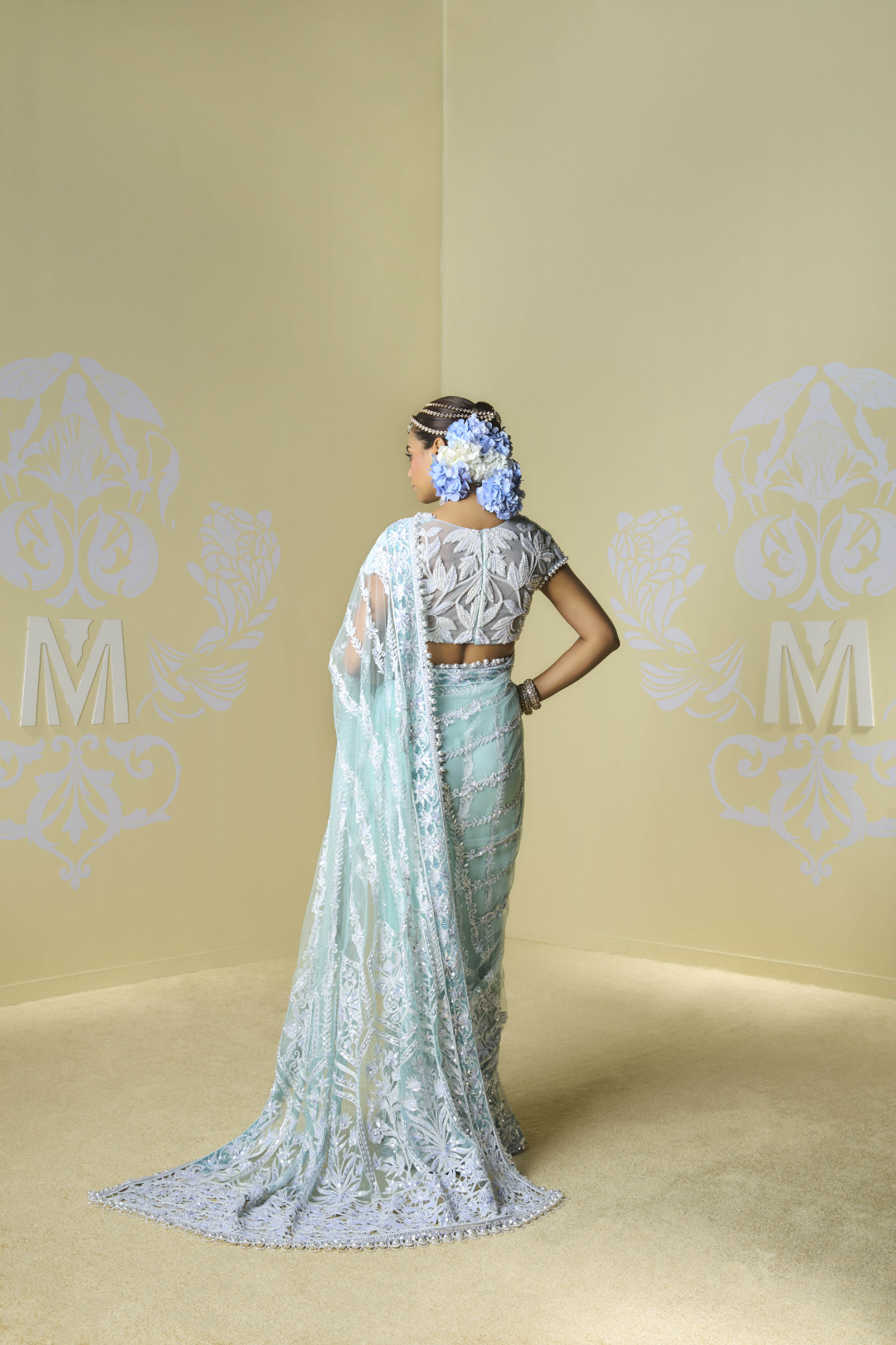 Aqua Blue Tulle Kashmiri Saree Set