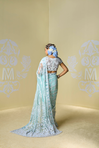 Aqua Blue Tulle Kashmiri Saree Set