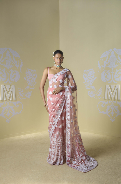 Coral Kashmiri Embroidered Saree Set