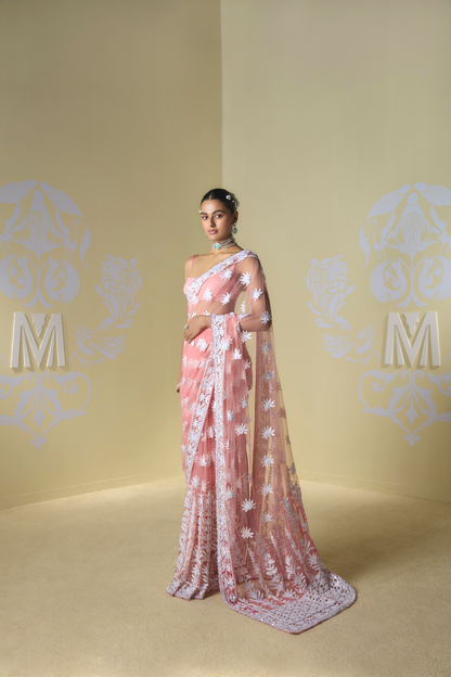 Coral Kashmiri Embroidered Saree Set