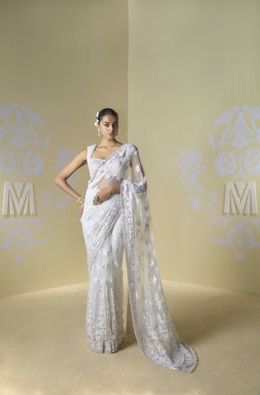 Ivory Kashmiri Embroidered Saree Set