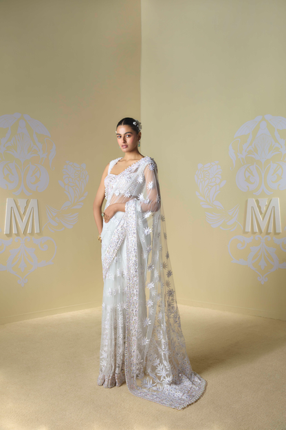 Ivory Kashmiri Embroidered Saree Set