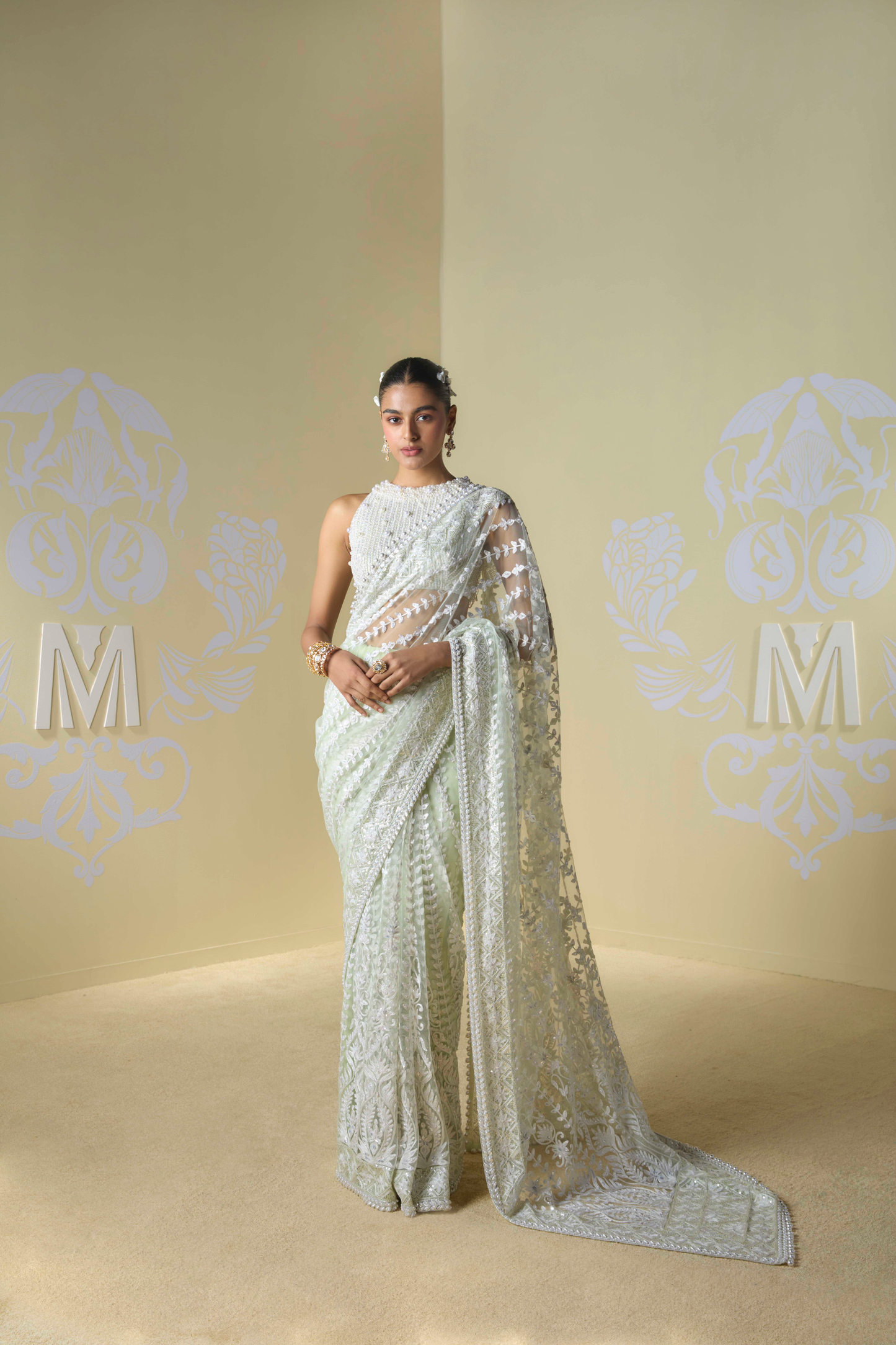 Sage Green Tulle Kashmiri Saree Set