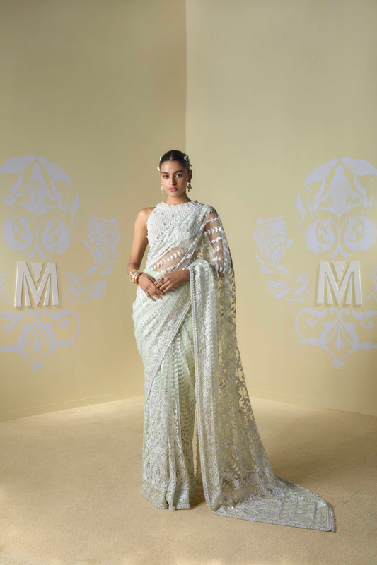 Sage Green Tulle Kashmiri Saree Set