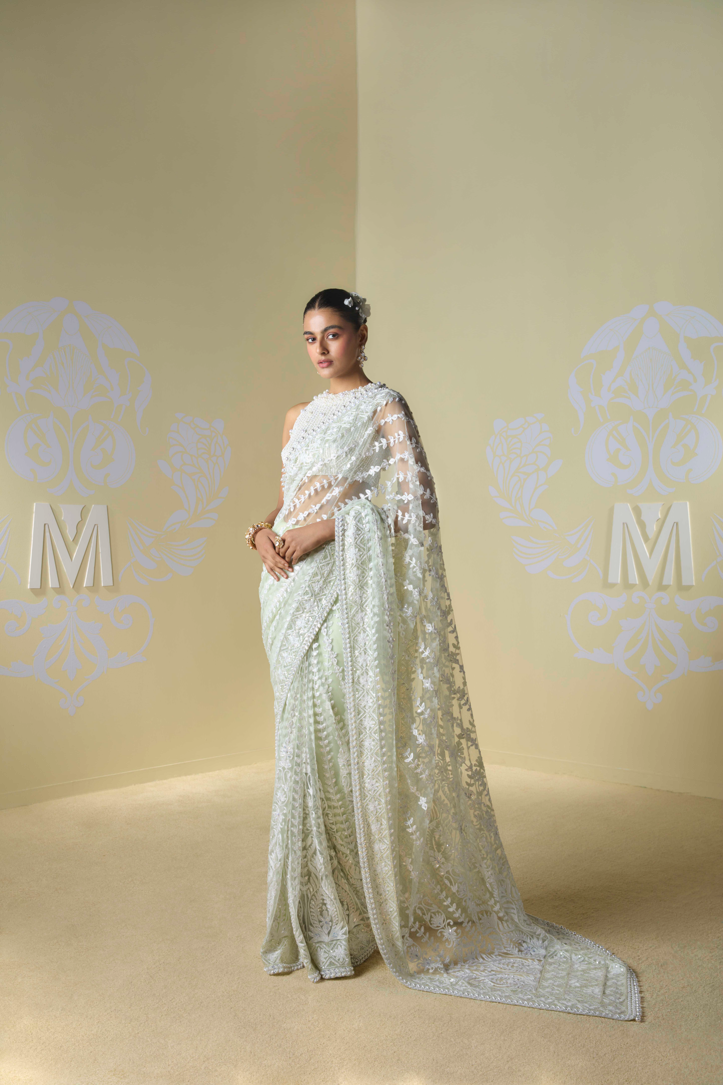 Sage Green Tulle Kashmiri Saree Set