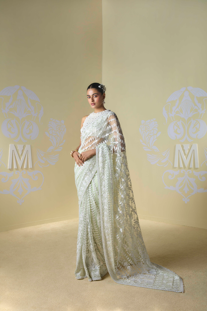 Sage Green Tulle Kashmiri Saree Set