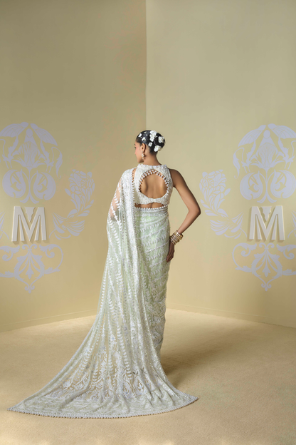 Sage Green Tulle Kashmiri Saree Set