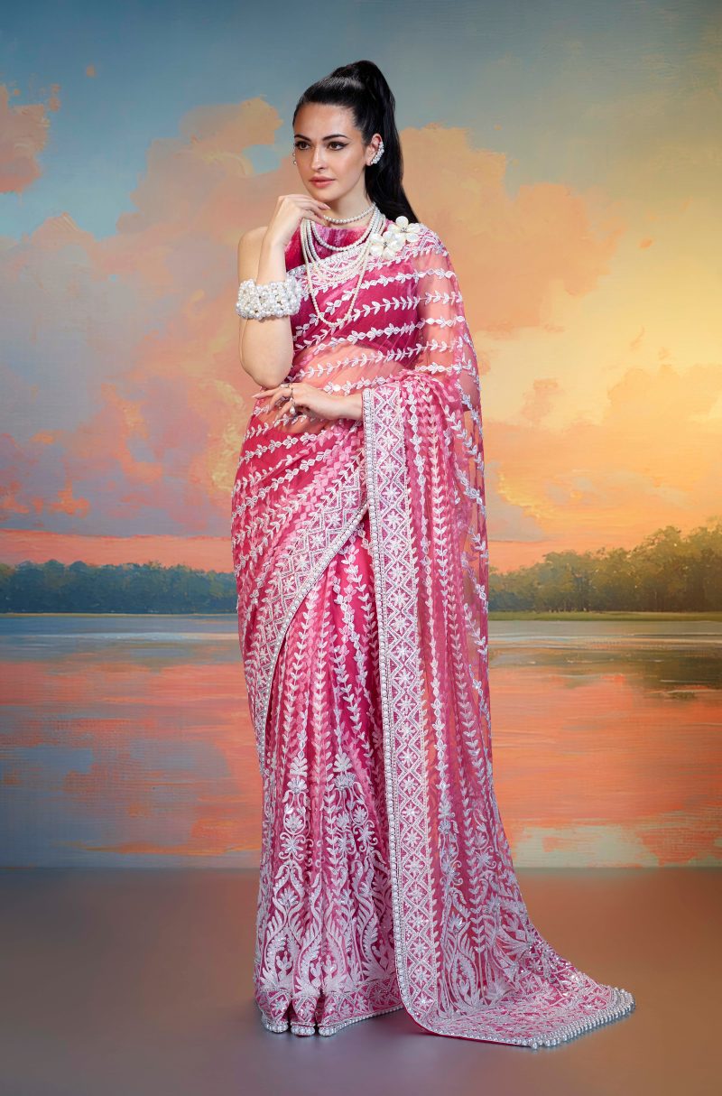 Cherry Pink & Ivory Kashmiri Embroidered Saree Set