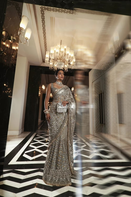 Oyster Grey Geometric Embroidered Saree Set