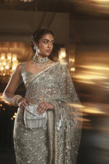 Oyster Grey Geometric Embroidered Saree Set