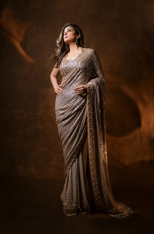 Raveena Tandon in our Grey Taban Saree Set