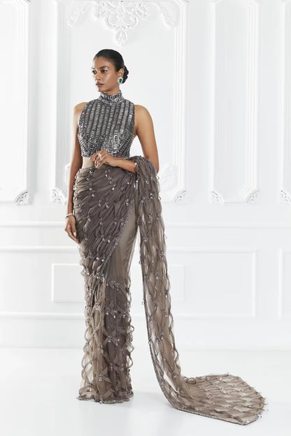 Grey Crystal Encrusted Saree Set