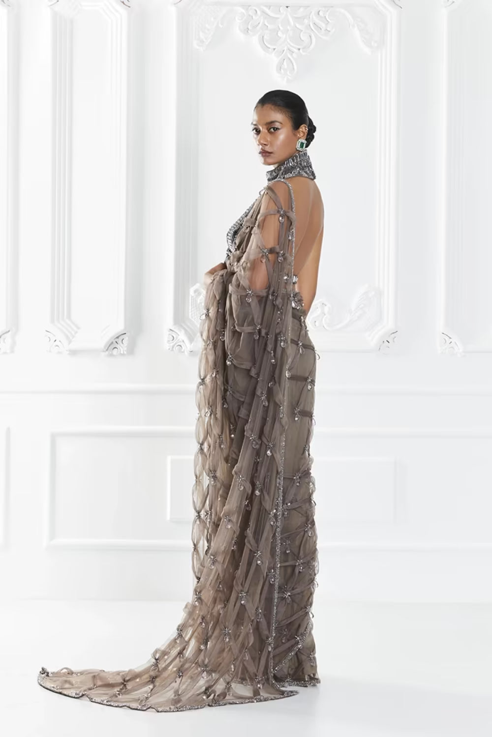 Grey Crystal Encrusted Saree Set