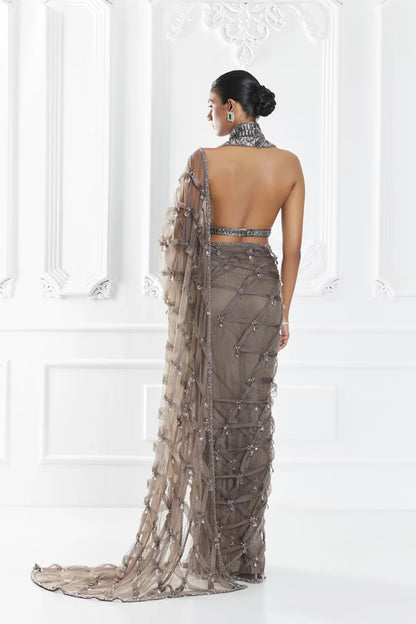 Grey Crystal Encrusted Saree Set