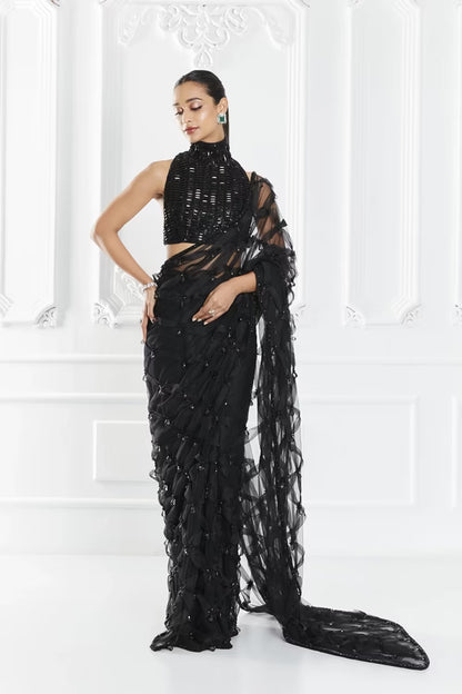 Black Crystal Encrusted Saree Set