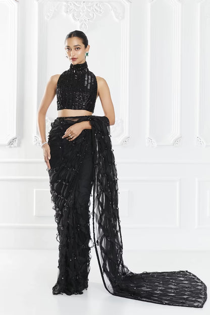 Black Crystal Encrusted Saree Set