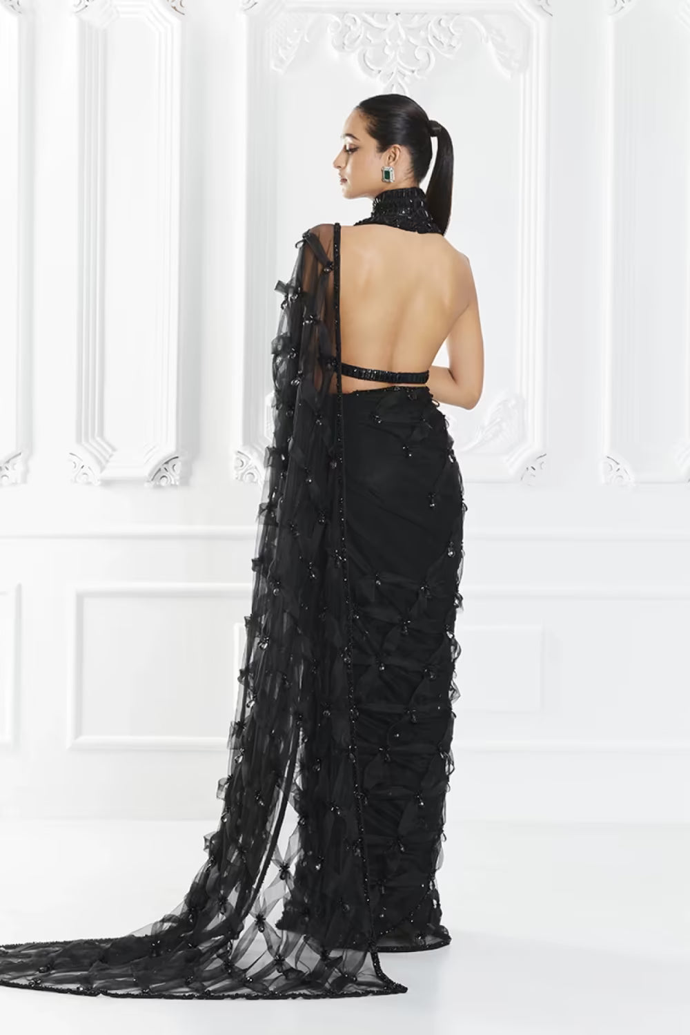 Black Crystal Encrusted Saree Set