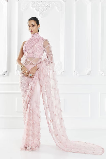 Pink Crystal Encrusted Saree Set
