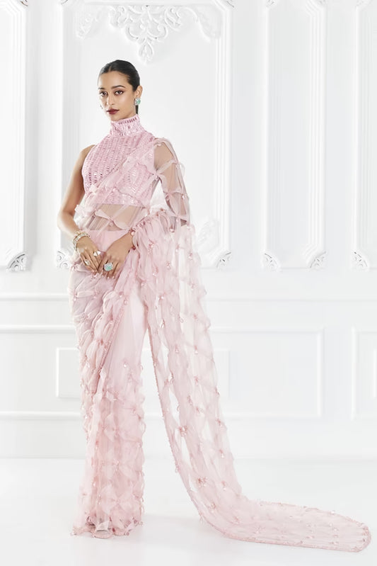 Pink Crystal Encrusted Saree Set