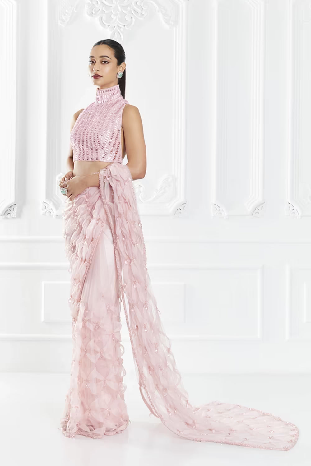 Pink Crystal Encrusted Saree Set