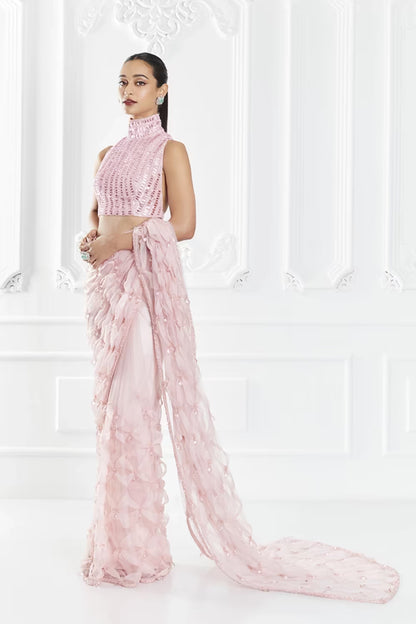 Pink Crystal Encrusted Saree Set