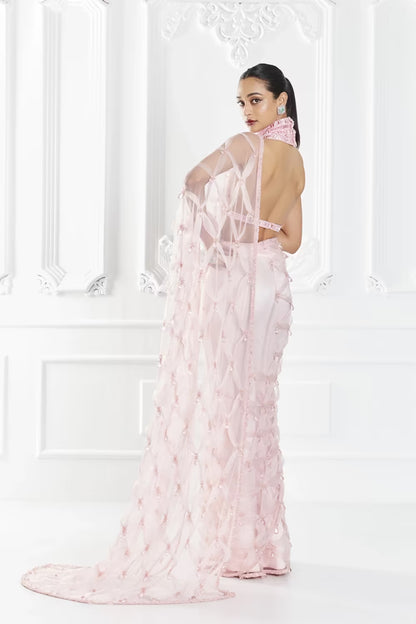 Pink Crystal Encrusted Saree Set