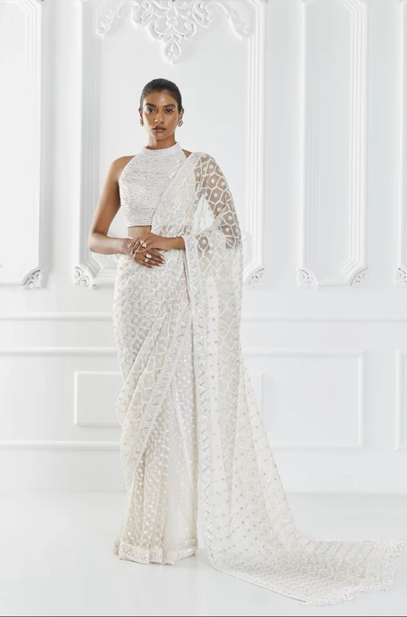 Ivory Geometric Embroidered Saree Set