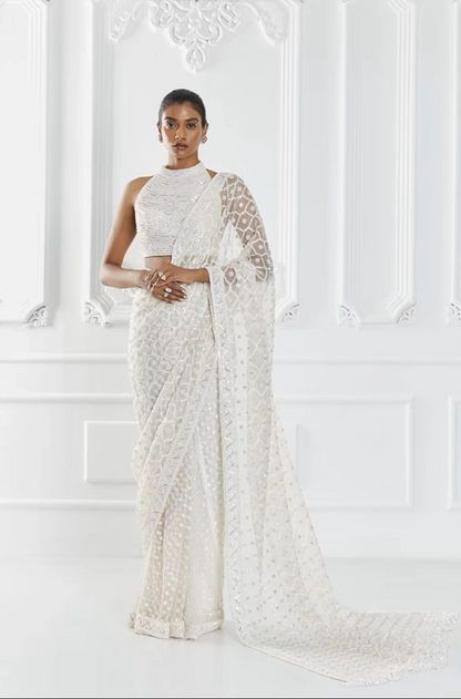 Ivory Geometric Embroidered Saree Set