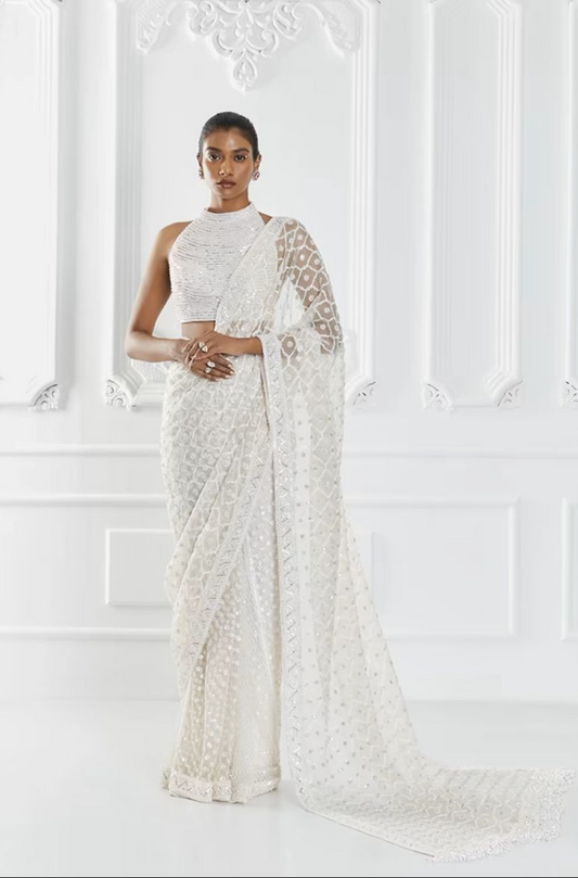 Ivory Geometric Embroidered Saree Set