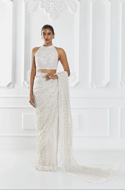 Ivory Geometric Embroidered Saree Set