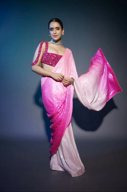 Sanya Malhotra in Ombre Pink Sequin Saree Set