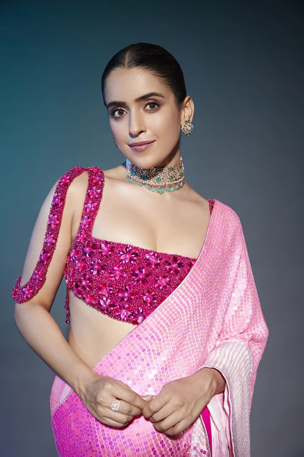 Sanya Malhotra in Ombre Pink Sequin Saree Set