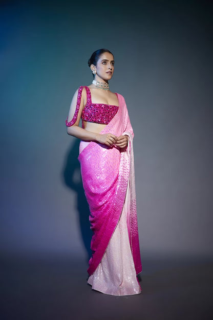 Sanya Malhotra in Ombre Pink Sequin Saree Set