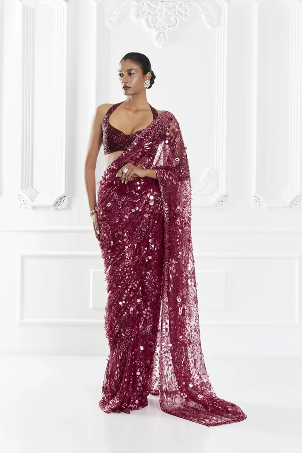 Berry Sequin Embellished Saree Set