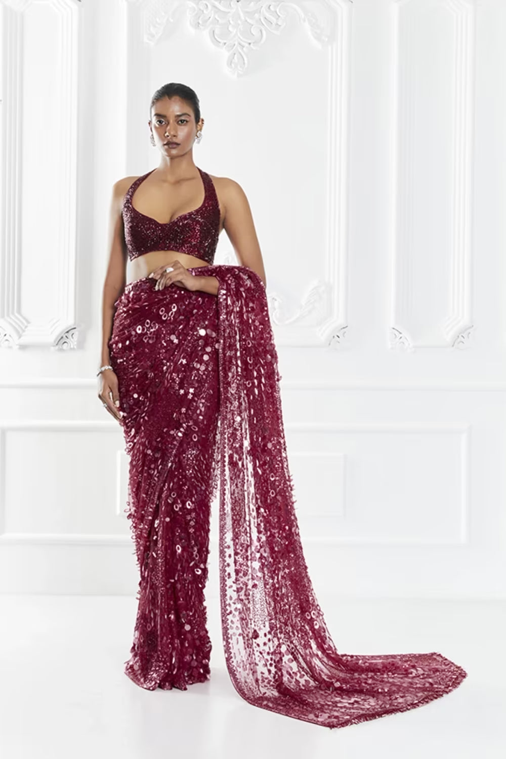 Berry Sequin Embellished Saree Set