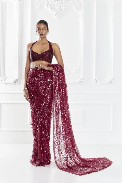 Berry Sequin Embellished Saree Set